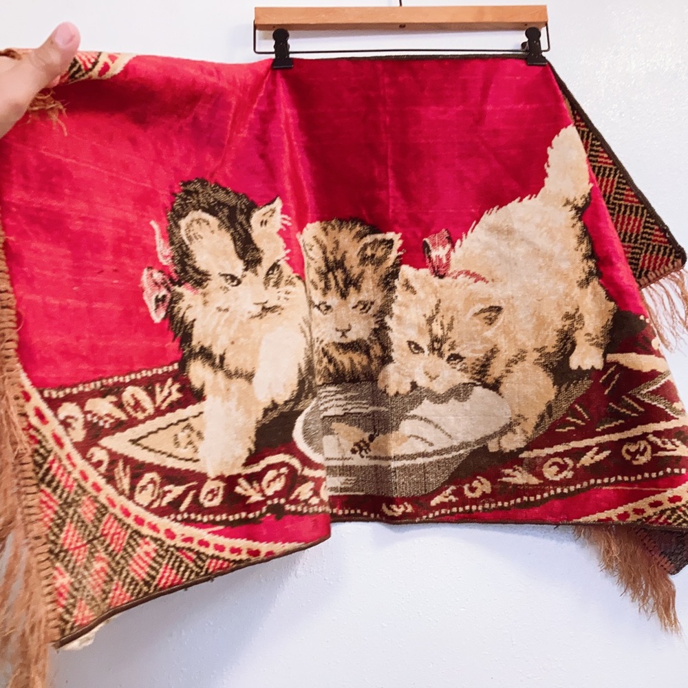 Vintage Red Velvet Bohemian Cats Kittens Belgium Tapestry Wall Hanging Rug Art